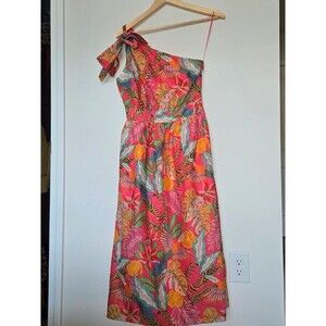 Gibson latimer tropical vibrant print midi one shoulder dress S